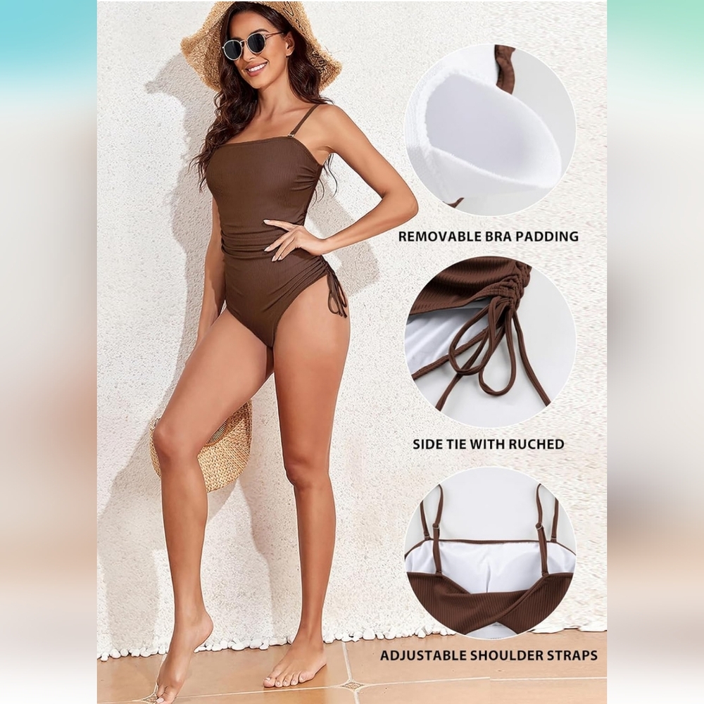ALEUMDR Brown Ribbed Ruched Tie-up Swimsuit With Cutout - Picture 6 of 10